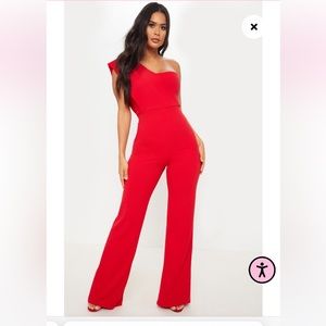 Pretty Little Thing Red Drape One Shoulder Jumpsuit Size 8